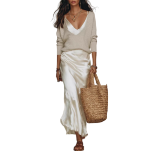 Womens Sweater Dress Set V Neck Long Sleeve Knit Top and Satin Slip Skirt 2 Piece Casual Chic Matching Outfit Elegant Set