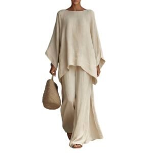 Women's Linen 2 Piece Outfit Sleeveless Halter Top with Wide Leg Pants Casual Summer Lounge Set