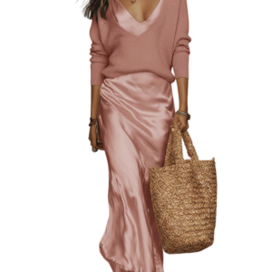 Womens Sweater Dress Set 2 Piece V Neck Long Sleeve Knit Top and Satin Slip Skirt Casual Chic Matching Outfit Elegant Set