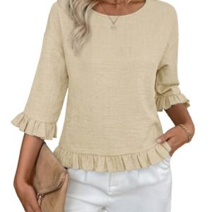 Womens 3/4 Sleeve Tops Summer Tshirts Ruffle Flowy Crew Neck Dressy Casual Blouses 2026 Trendy Cute Work Outfits