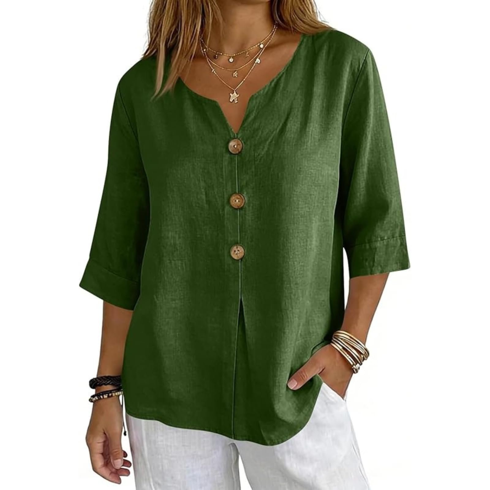 Cotton Linen Tops for Women Dressy Casual 3/4 Sleeve Gauze Shirts Button Down V Neck Blouses Summer Vacation Clothes - Image 75