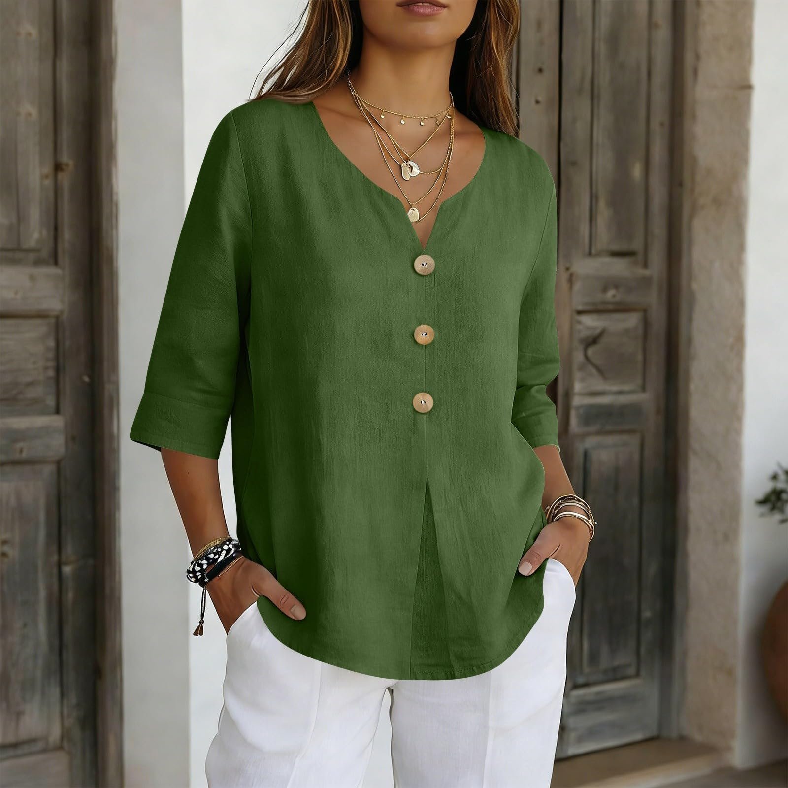 Cotton Linen Tops for Women Dressy Casual 3/4 Sleeve Gauze Shirts Button Down V Neck Blouses Summer Vacation Clothes - Image 76