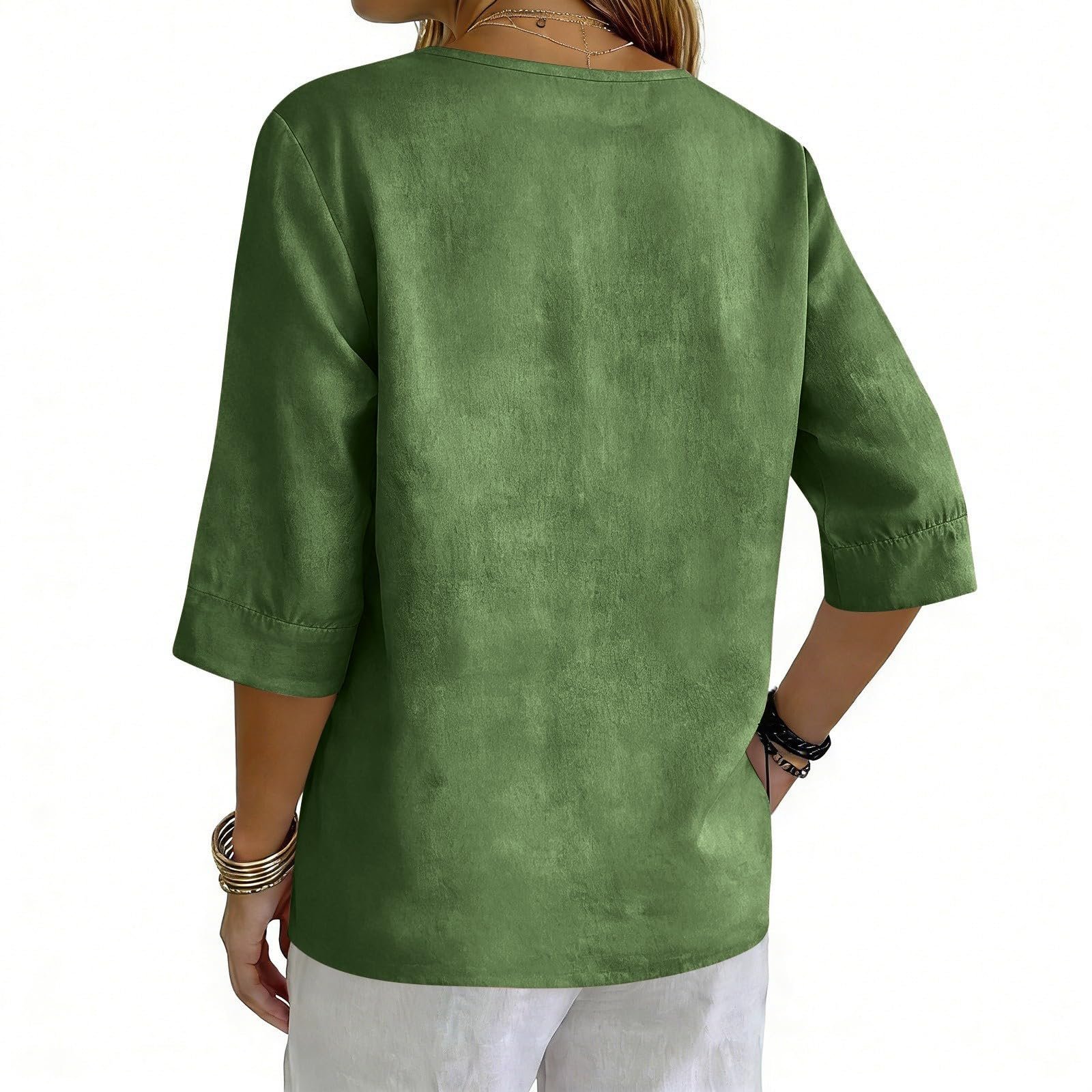 Cotton Linen Tops for Women Dressy Casual 3/4 Sleeve Gauze Shirts Button Down V Neck Blouses Summer Vacation Clothes - Image 77