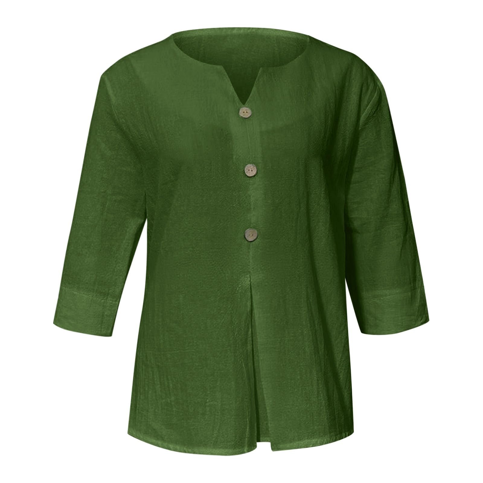 Cotton Linen Tops for Women Dressy Casual 3/4 Sleeve Gauze Shirts Button Down V Neck Blouses Summer Vacation Clothes - Image 78