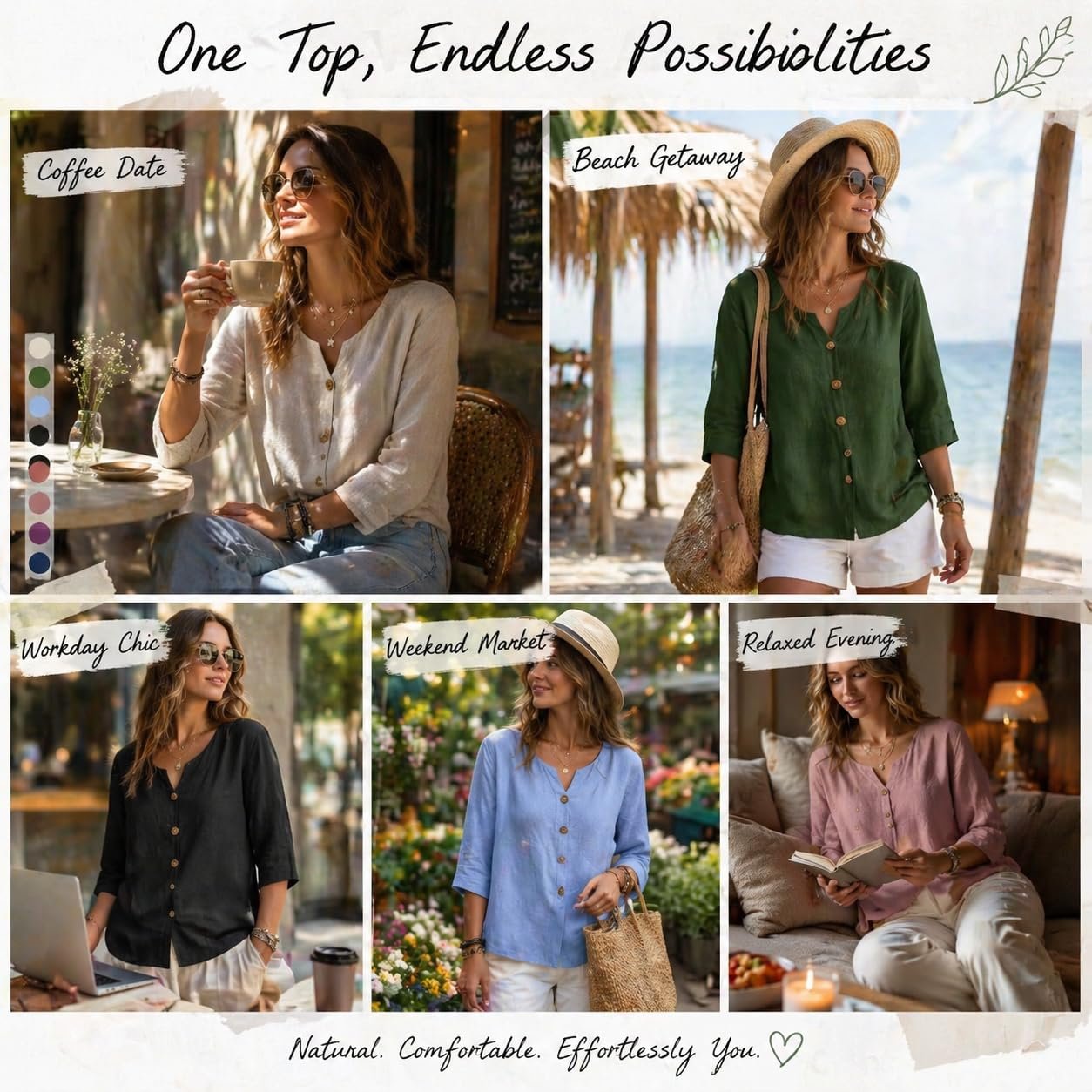 Cotton Linen Tops for Women Dressy Casual 3/4 Sleeve Gauze Shirts Button Down V Neck Blouses Summer Vacation Clothes - Image 80