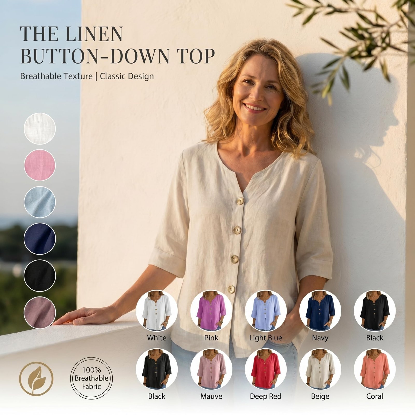 Cotton Linen Tops for Women Dressy Casual 3/4 Sleeve Gauze Shirts Button Down V Neck Blouses Summer Vacation Clothes - Image 79