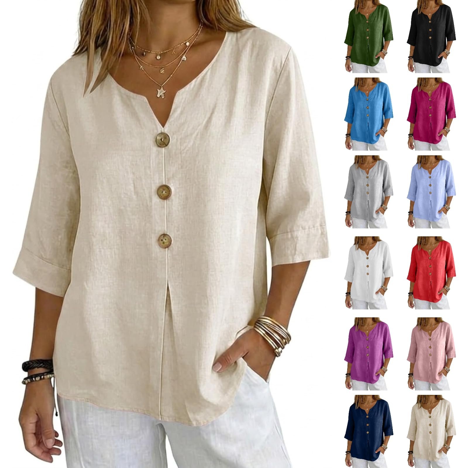 Cotton Linen Tops for Women Dressy Casual 3/4 Sleeve Gauze Shirts Button Down V Neck Blouses Summer Vacation Clothes - Image 67