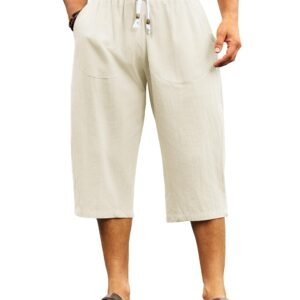 Men's Cotton Linen Capri Pants Light Baggy 3/4 Shorts Drawstring Elastic Waist Beach Casual Yoga Pants