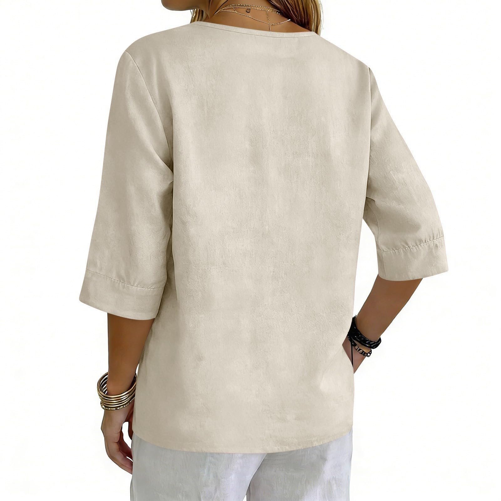 Cotton Linen Tops for Women Dressy Casual 3/4 Sleeve Gauze Shirts Button Down V Neck Blouses Summer Vacation Clothes - Image 69