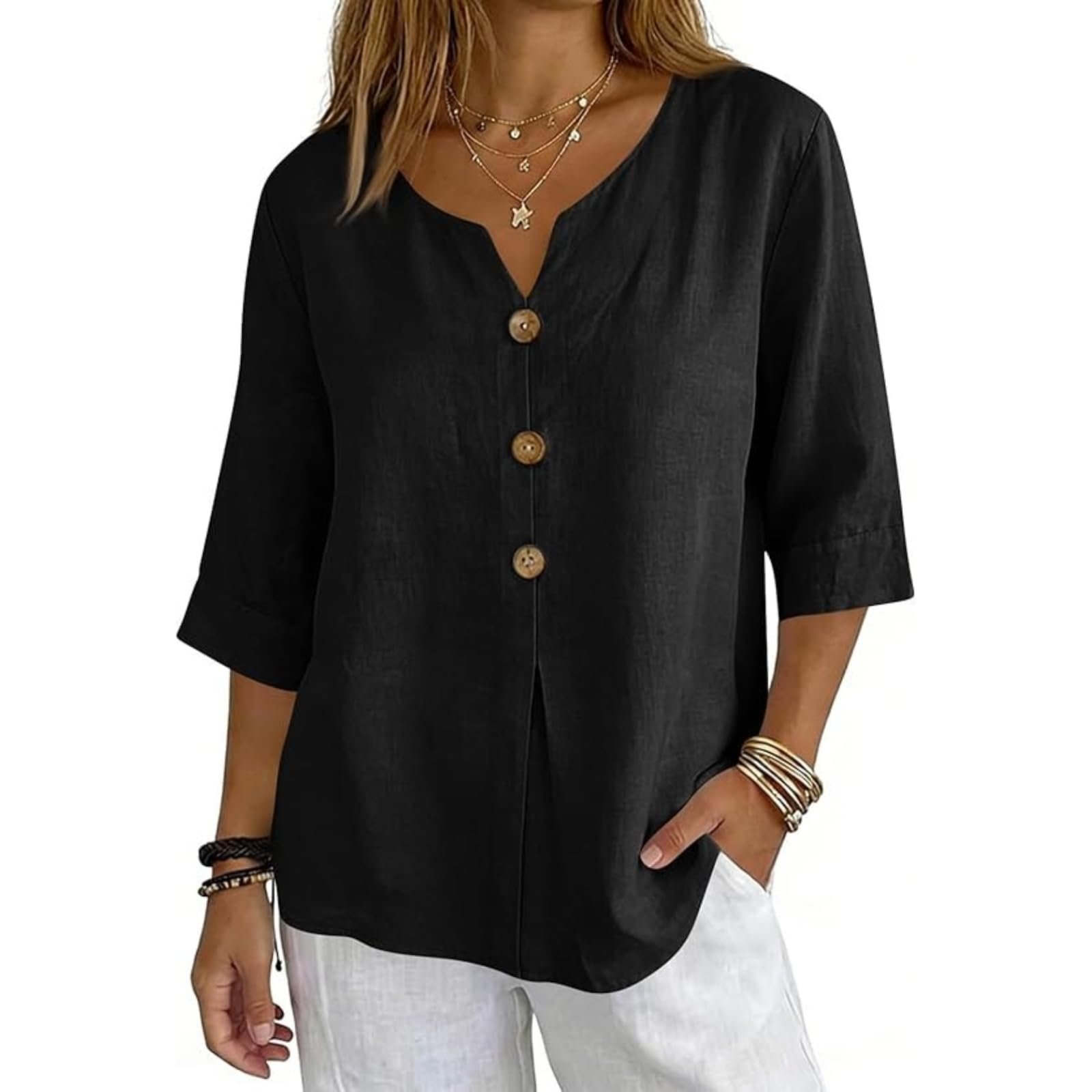 Cotton Linen Tops for Women Dressy Casual 3/4 Sleeve Gauze Shirts Button Down V Neck Blouses Summer Vacation Clothes - Image 71