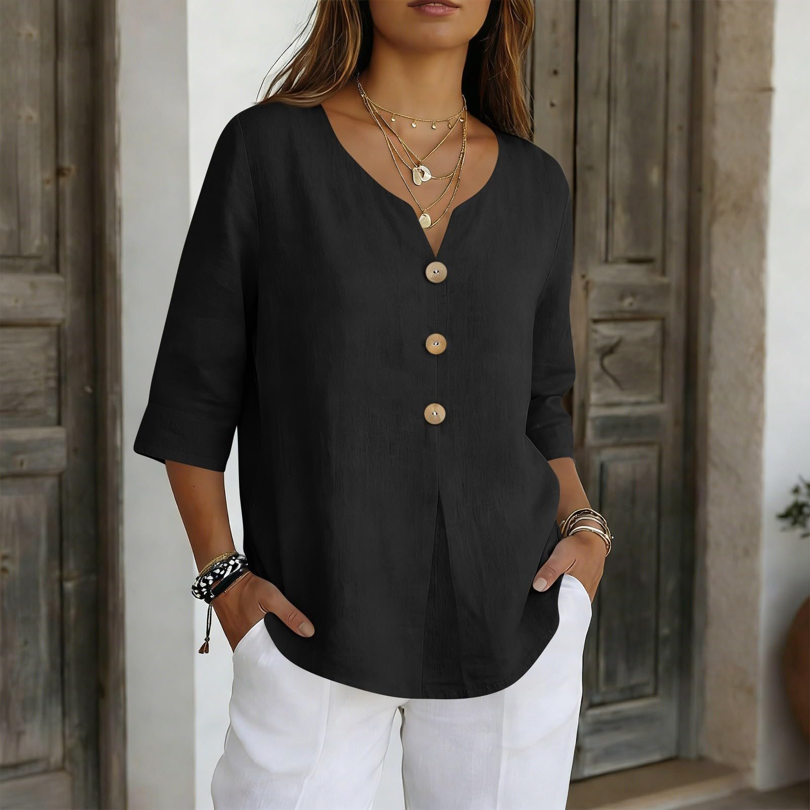 Cotton Linen Tops for Women Dressy Casual 3/4 Sleeve Gauze Shirts Button Down V Neck Blouses Summer Vacation Clothes - Image 72