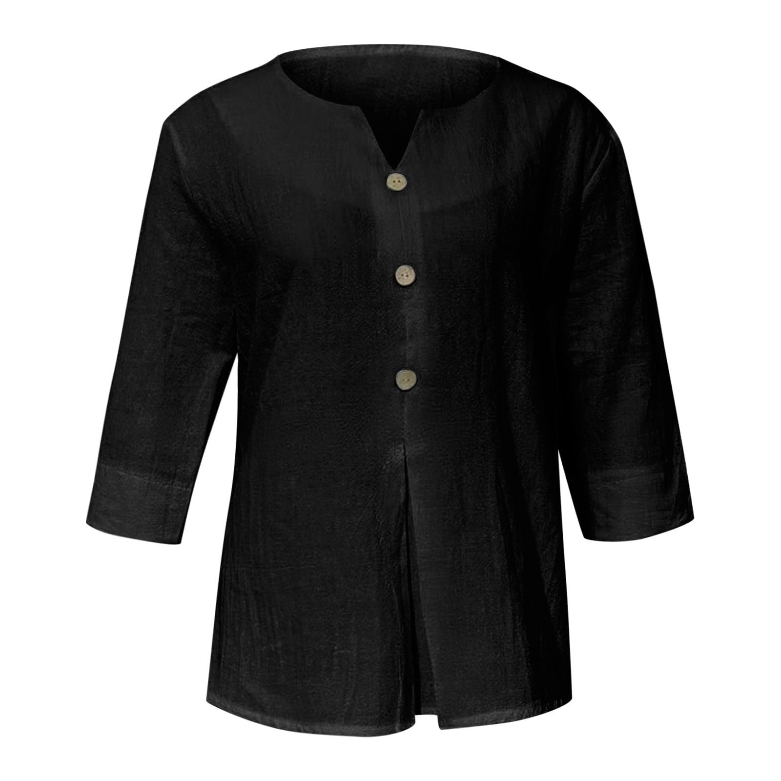Cotton Linen Tops for Women Dressy Casual 3/4 Sleeve Gauze Shirts Button Down V Neck Blouses Summer Vacation Clothes - Image 73