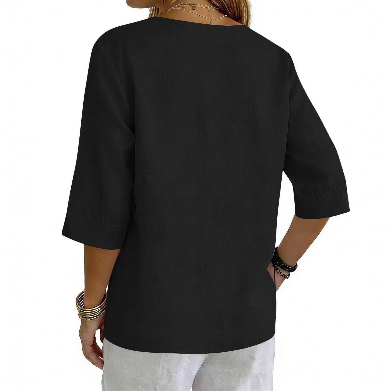 Cotton Linen Tops for Women Dressy Casual 3/4 Sleeve Gauze Shirts Button Down V Neck Blouses Summer Vacation Clothes - Image 74