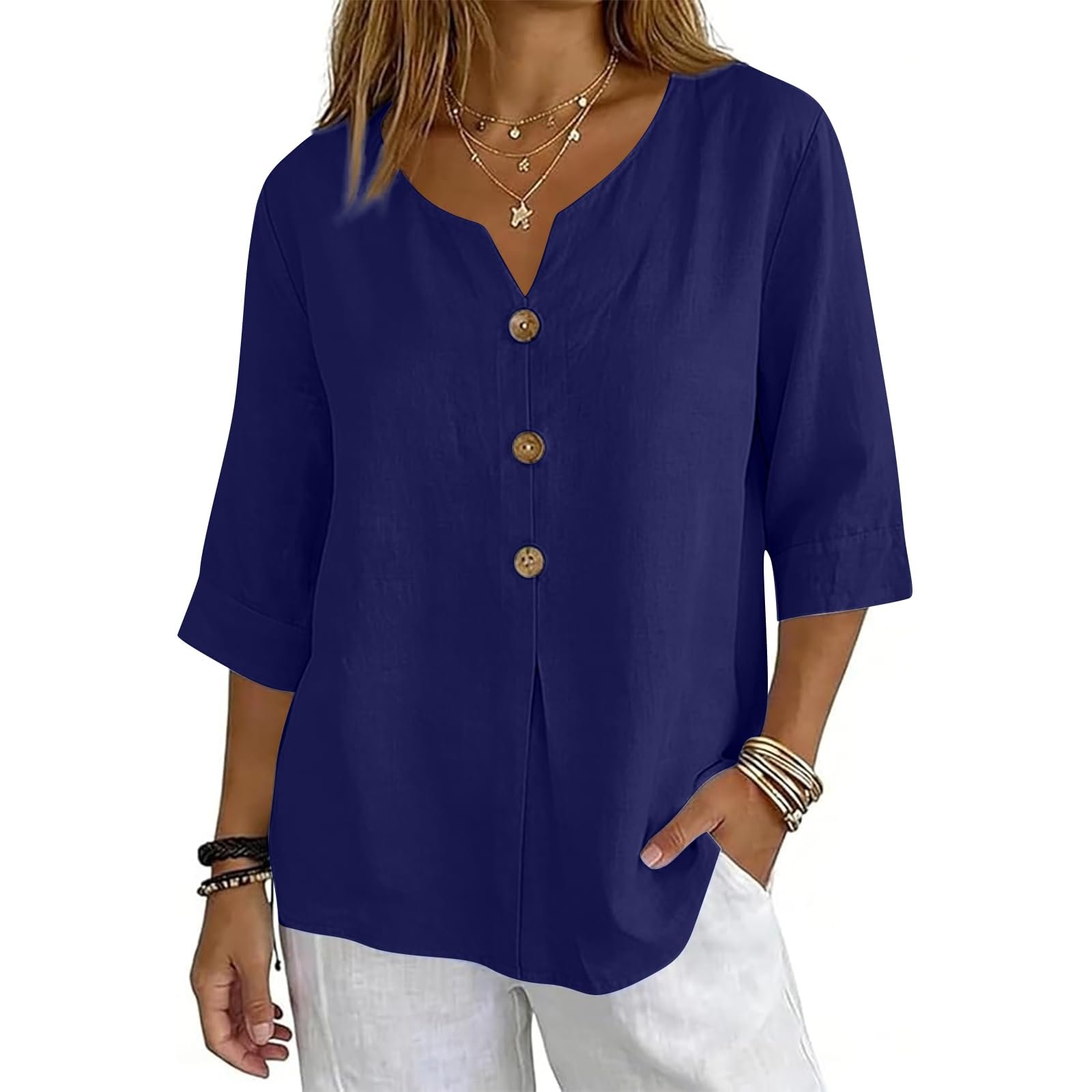 Cotton Linen Tops for Women Dressy Casual 3/4 Sleeve Gauze Shirts Button Down V Neck Blouses Summer Vacation Clothes - Image 66