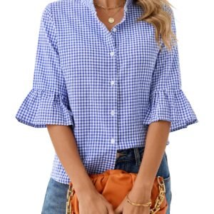 Plaid Shirts for Women Gingham Top Button Down Checkered 3/4 Ruffle Sleeve Mandarin Collar 2026 Spring Tops