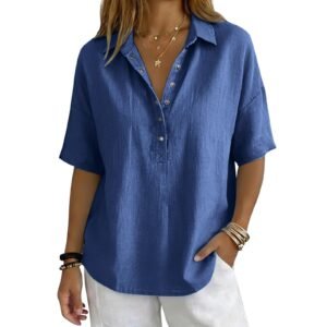 Cotton Linen Tops for Women - 2026 Summer Gauze Shirts Button Down V Neck Half Sleeve Blouses Dressy Casual Clothes