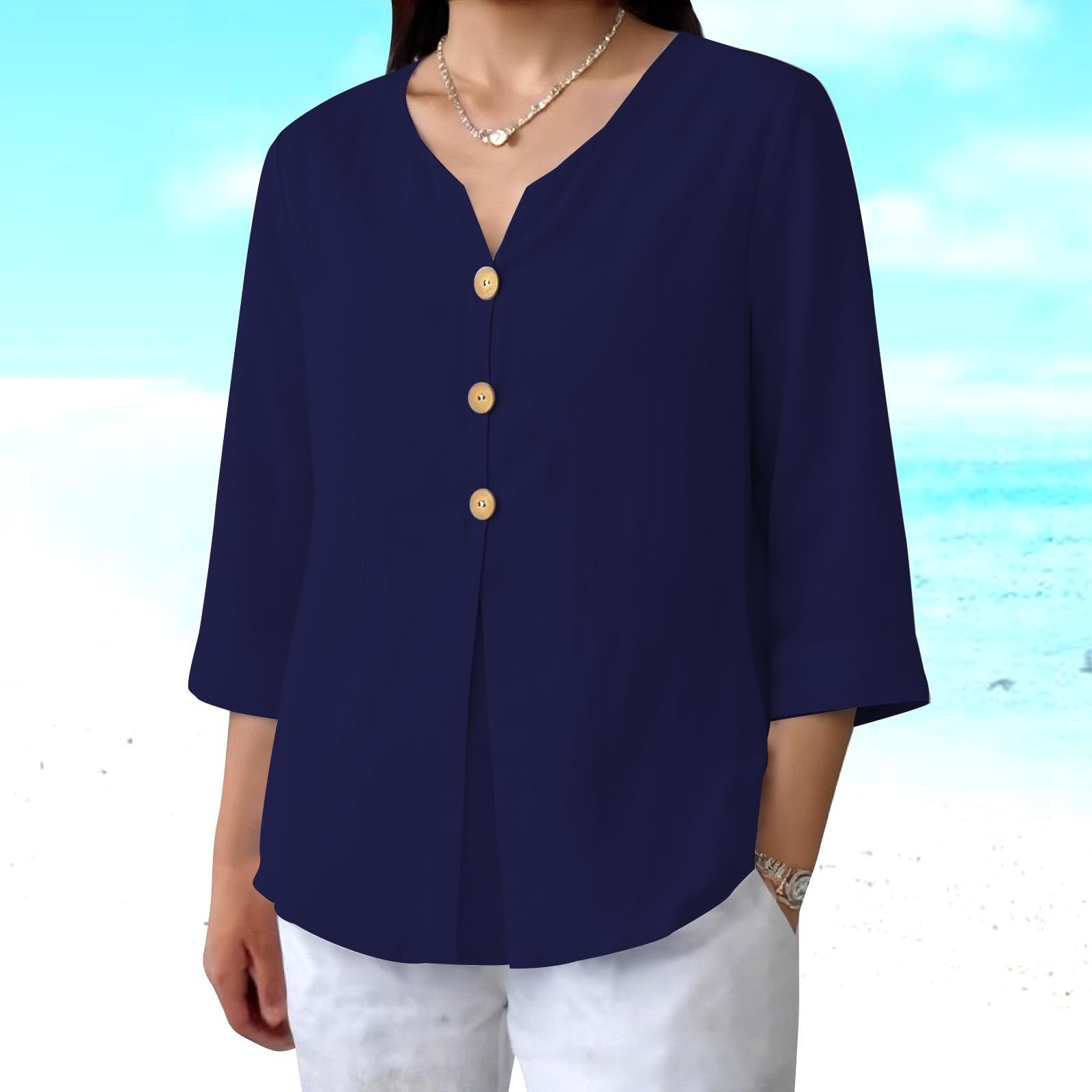 Cotton Linen Tops for Women Dressy Casual 3/4 Sleeve Gauze Shirts Button Down V Neck Blouses Summer Vacation Clothes - Image 63