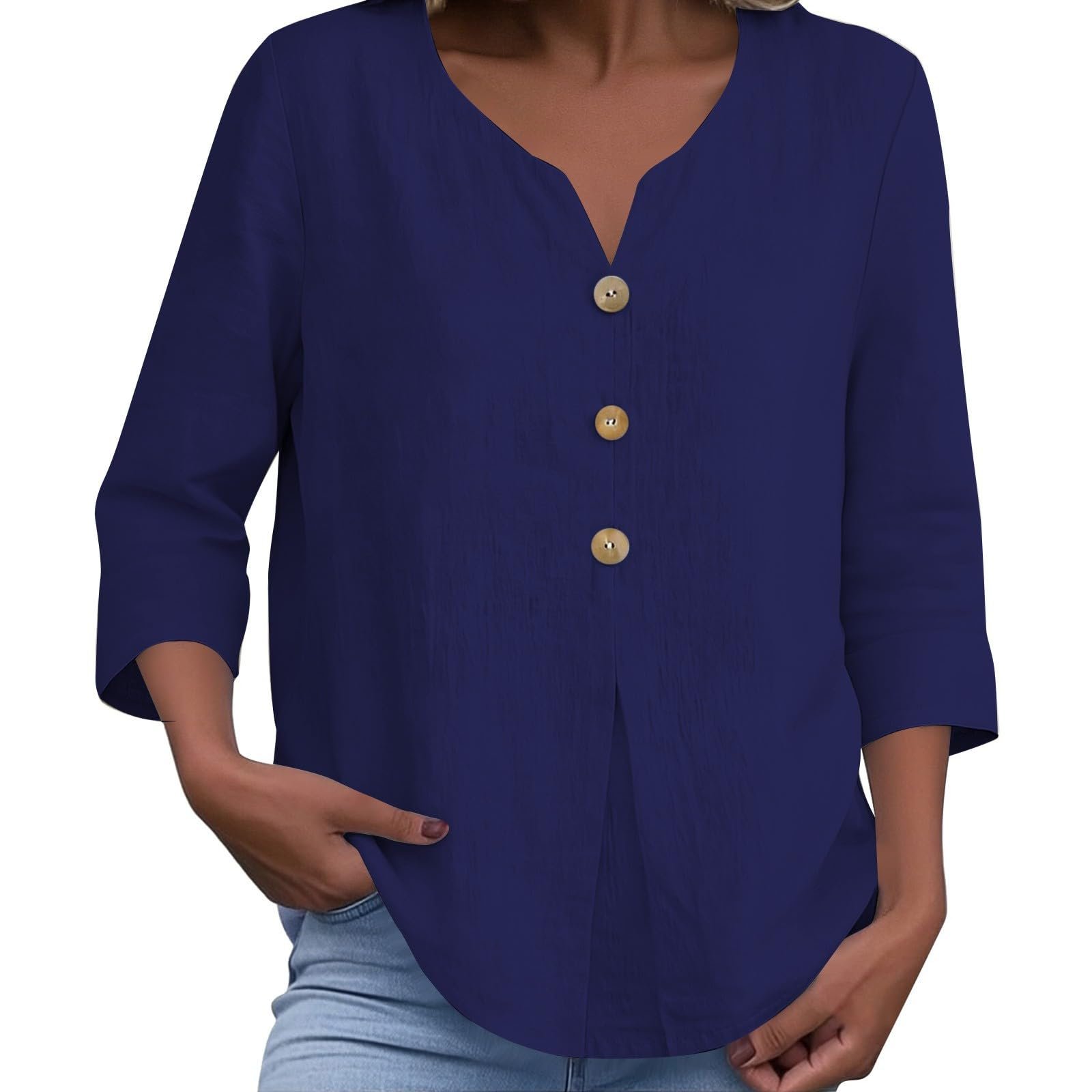 Cotton Linen Tops for Women Dressy Casual 3/4 Sleeve Gauze Shirts Button Down V Neck Blouses Summer Vacation Clothes - Image 62