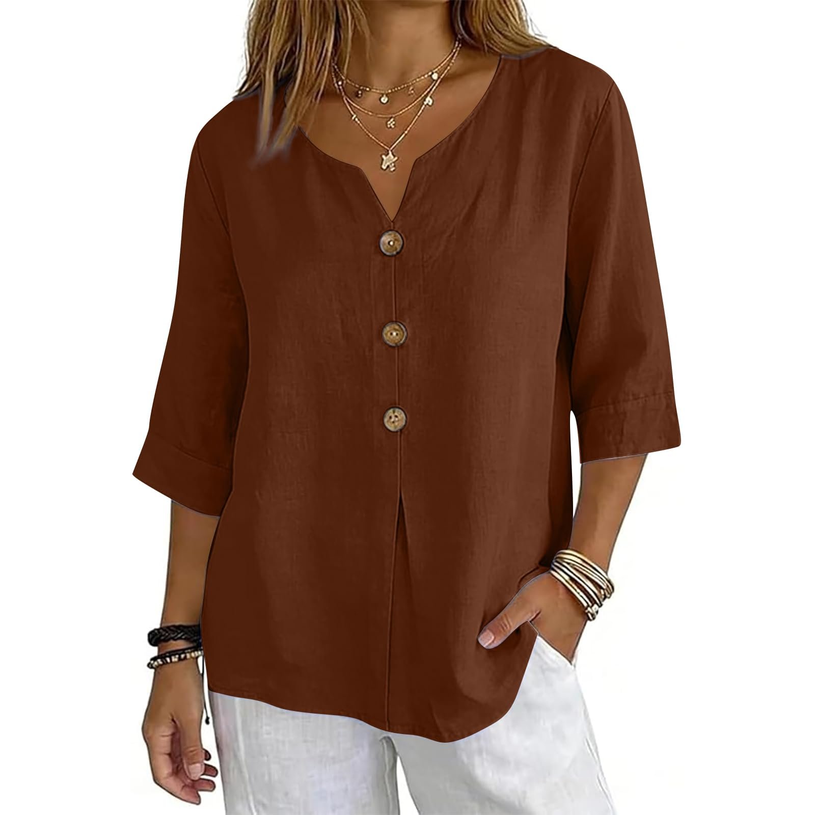 Cotton Linen Tops for Women Dressy Casual 3/4 Sleeve Gauze Shirts Button Down V Neck Blouses Summer Vacation Clothes - Image 53