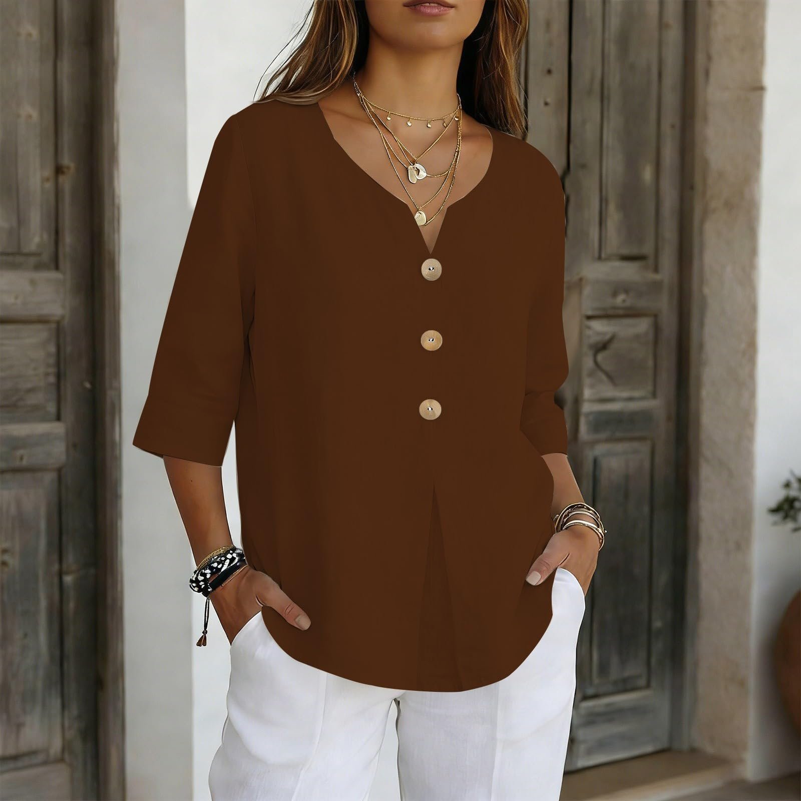 Cotton Linen Tops for Women Dressy Casual 3/4 Sleeve Gauze Shirts Button Down V Neck Blouses Summer Vacation Clothes - Image 57