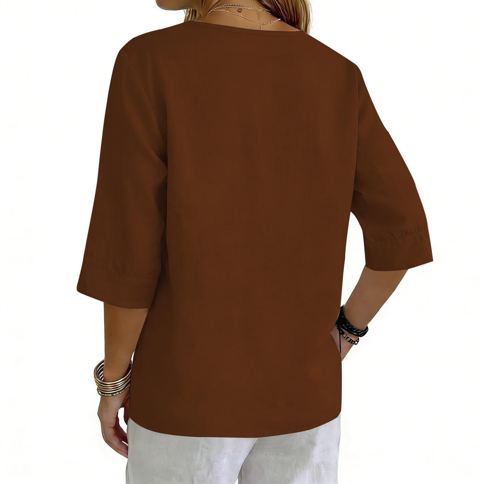 Cotton Linen Tops for Women Dressy Casual 3/4 Sleeve Gauze Shirts Button Down V Neck Blouses Summer Vacation Clothes - Image 55