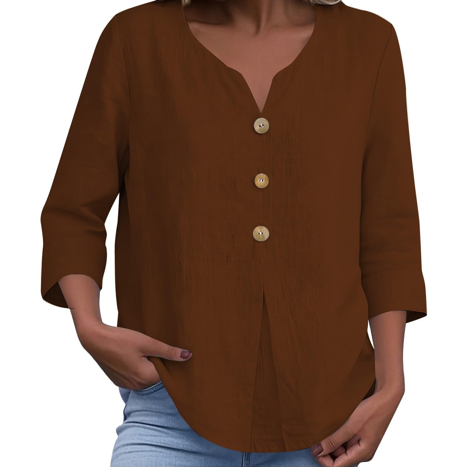 Cotton Linen Tops for Women Dressy Casual 3/4 Sleeve Gauze Shirts Button Down V Neck Blouses Summer Vacation Clothes - Image 56