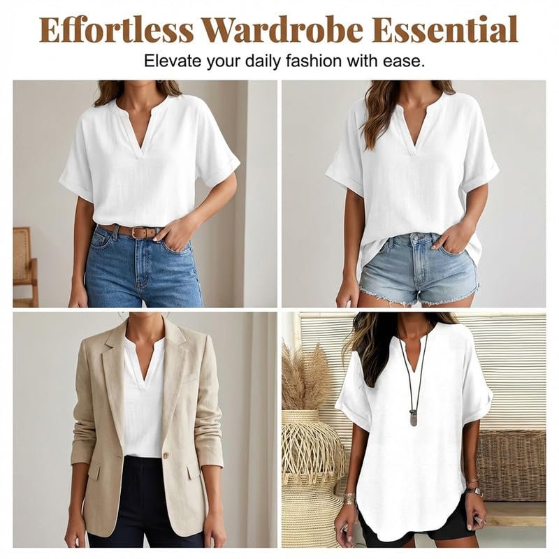 Womens Cotton Like Linen Texture Tops Casual Half Sleeve Crew V Neck Blouse Shirt Loose Fit Breathable Summer Tee - Image 13