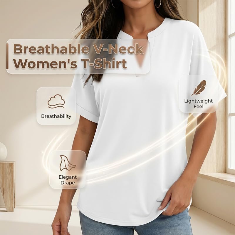 Womens Cotton Like Linen Texture Tops Casual Half Sleeve Crew V Neck Blouse Shirt Loose Fit Breathable Summer Tee - Image 9