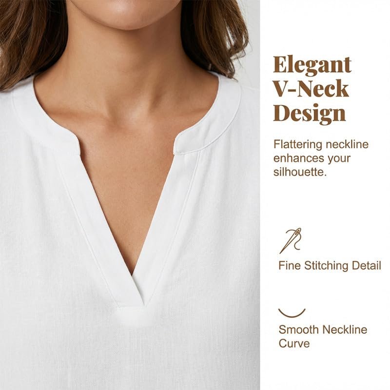 Womens Cotton Like Linen Texture Tops Casual Half Sleeve Crew V Neck Blouse Shirt Loose Fit Breathable Summer Tee - Image 10
