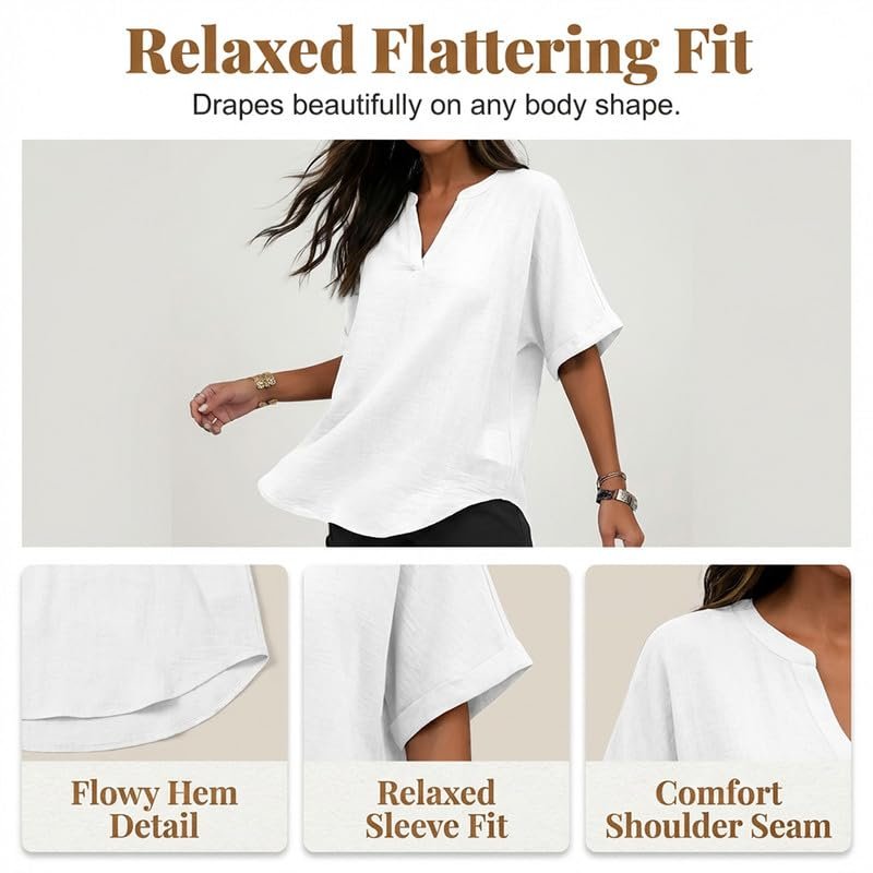 Womens Cotton Like Linen Texture Tops Casual Half Sleeve Crew V Neck Blouse Shirt Loose Fit Breathable Summer Tee - Image 12