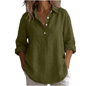 Womens Linen Shirts Casual Dressy Long Sleeve Work Blouses Plus Size V-Neck Cotton Tops Summer Beach Clothes
