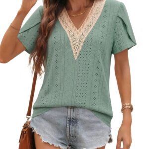 Womens Blouses Boho Lace V Neck Short Sleeve Eyelet Shirts Summer Dressy Casual Beach Vacation Tops