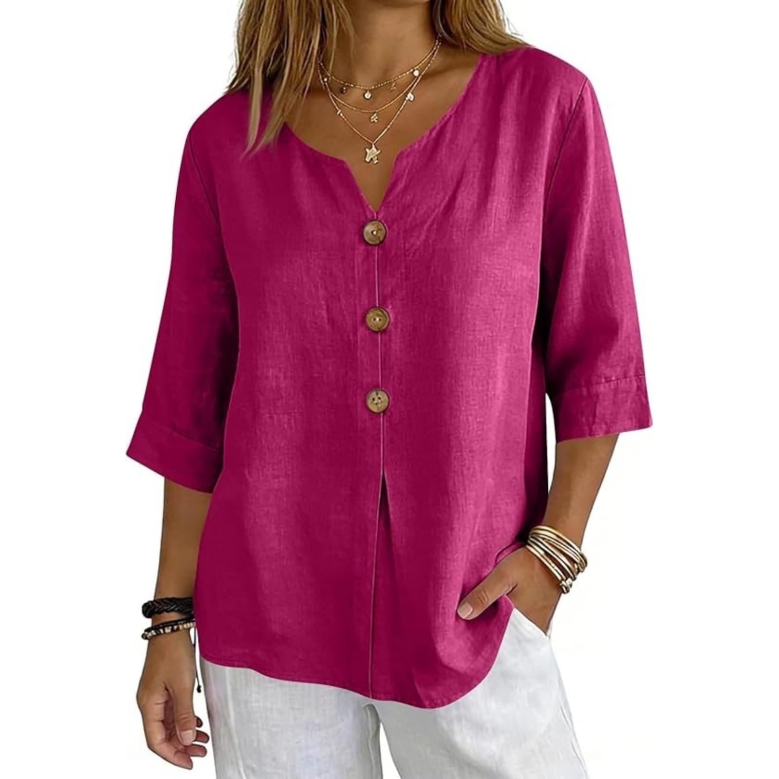 Cotton Linen Tops for Women Dressy Casual 3/4 Sleeve Gauze Shirts Button Down V Neck Blouses Summer Vacation Clothes - Image 44