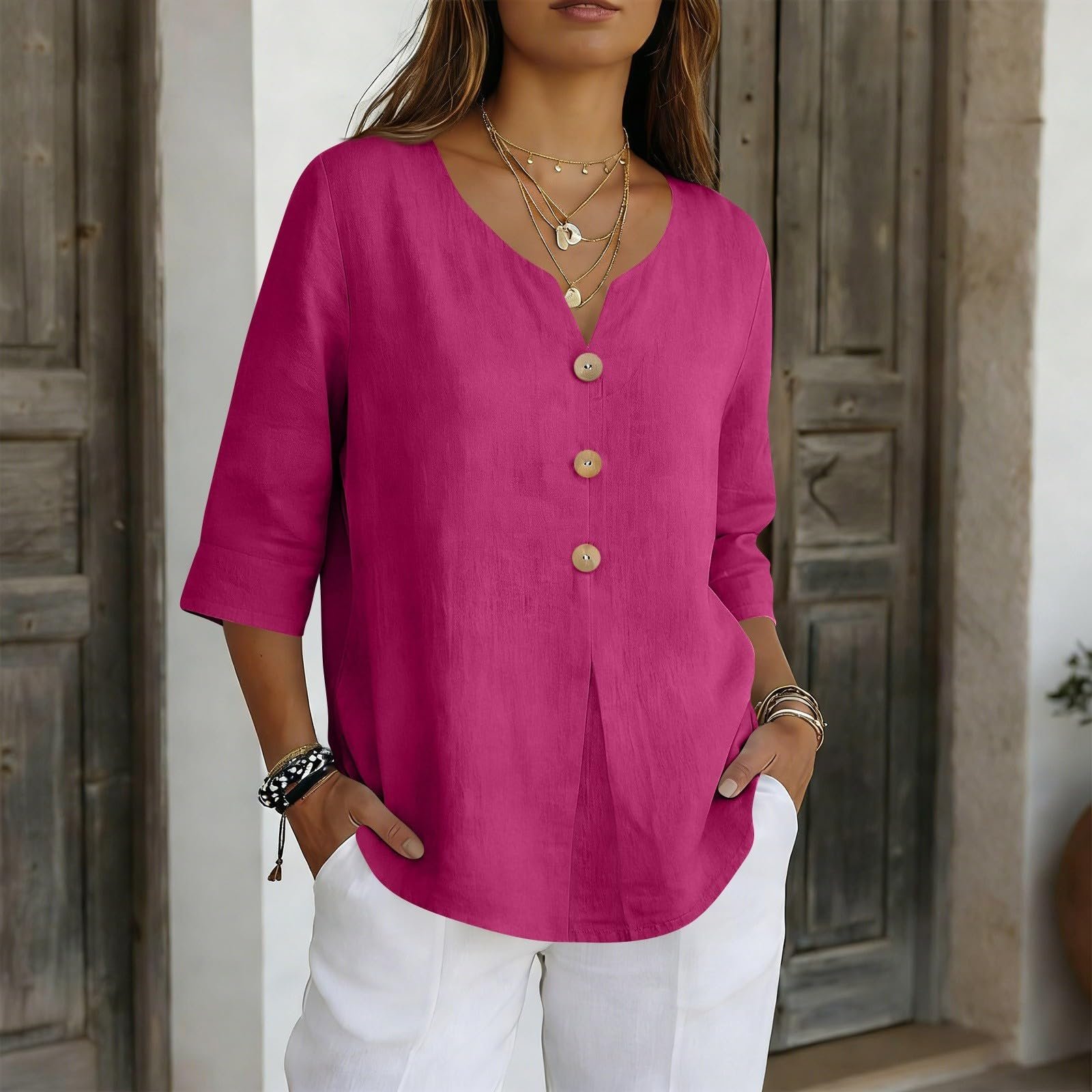 Cotton Linen Tops for Women Dressy Casual 3/4 Sleeve Gauze Shirts Button Down V Neck Blouses Summer Vacation Clothes - Image 45