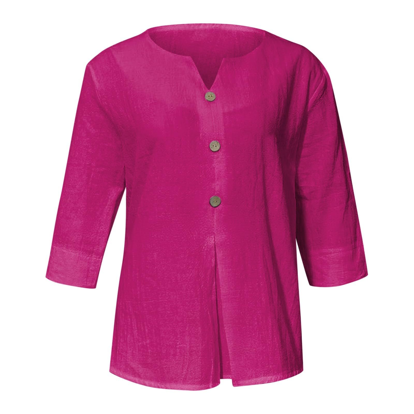 Cotton Linen Tops for Women Dressy Casual 3/4 Sleeve Gauze Shirts Button Down V Neck Blouses Summer Vacation Clothes - Image 46