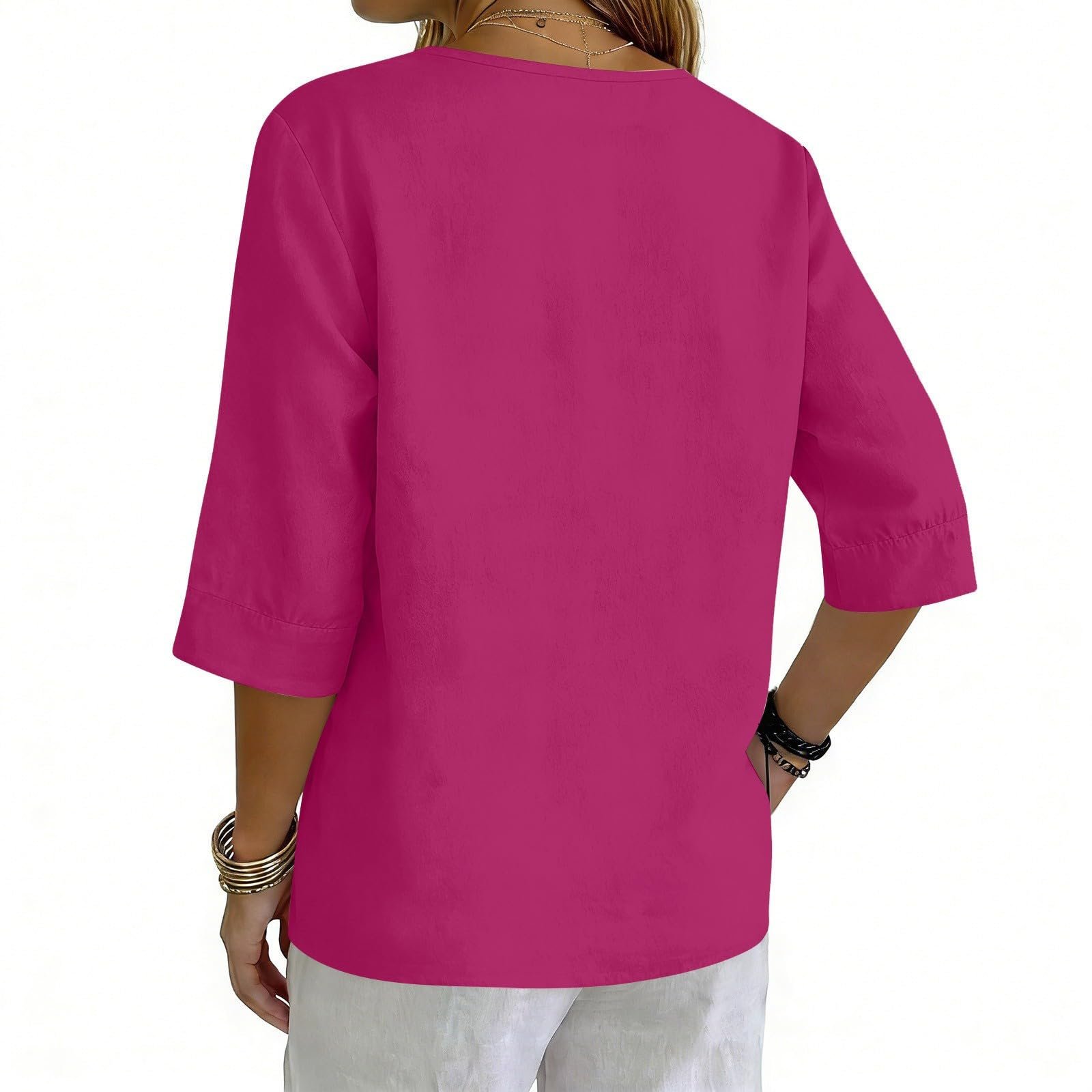 Cotton Linen Tops for Women Dressy Casual 3/4 Sleeve Gauze Shirts Button Down V Neck Blouses Summer Vacation Clothes - Image 47
