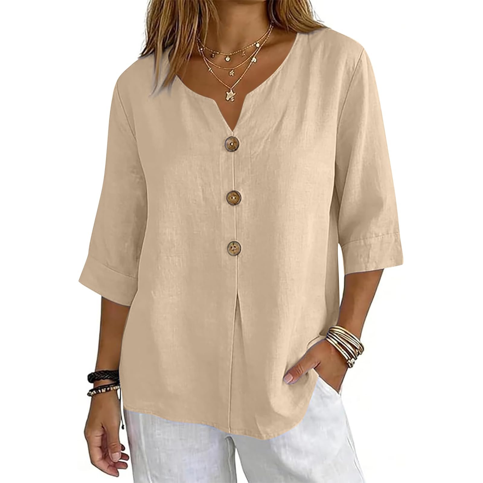 Cotton Linen Tops for Women Dressy Casual 3/4 Sleeve Gauze Shirts Button Down V Neck Blouses Summer Vacation Clothes - Image 48