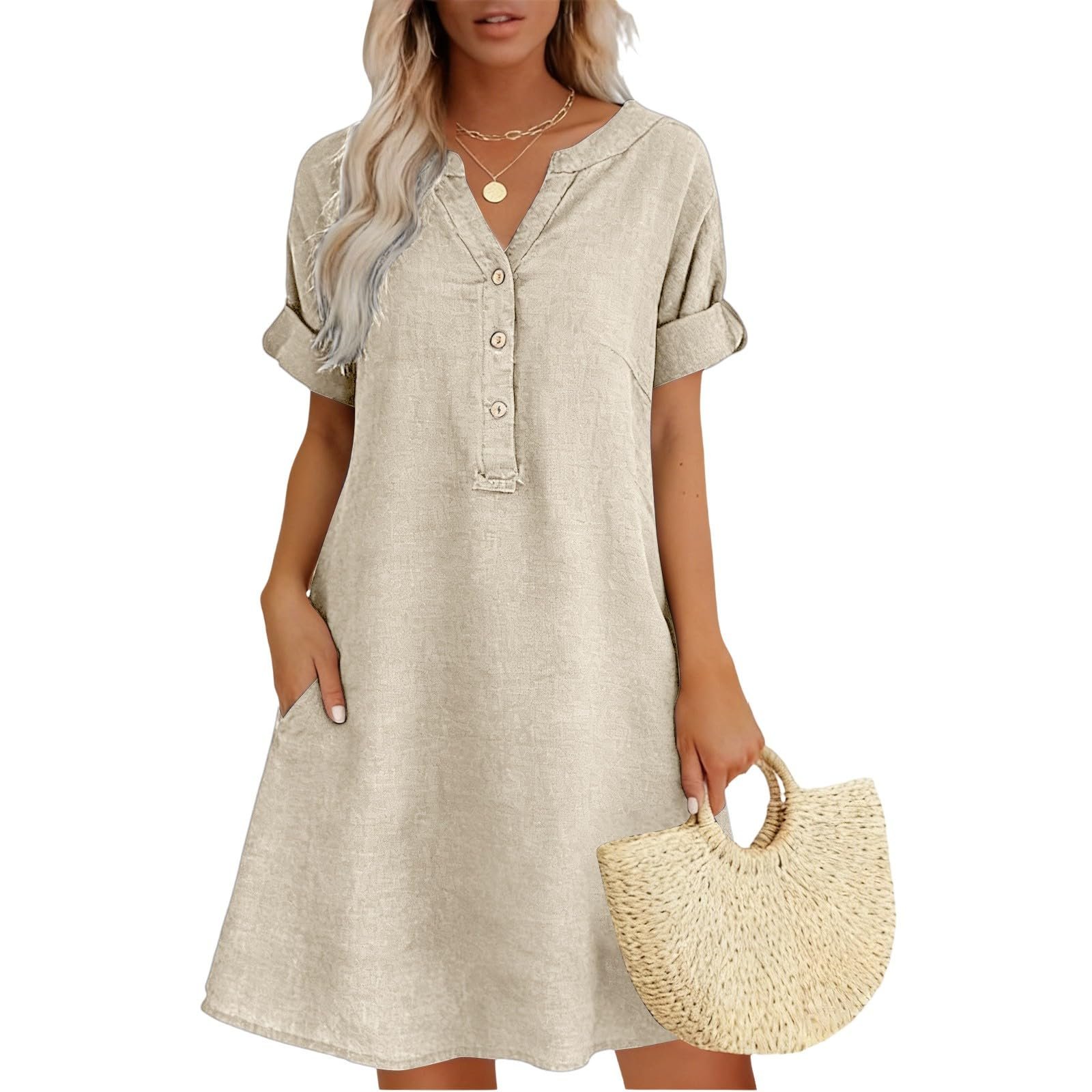 2026 Linen Dresses for Women V Neck Short Sleeve Button Midi Dress Casual A Line T-Shirt Sundresses with Pockets - Image 4