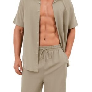 Men Cotton Linen Sets Outfits 2 Piece Summer Short Sleeve Shirt and Shorts Set Beach Wear Vacation Outfit