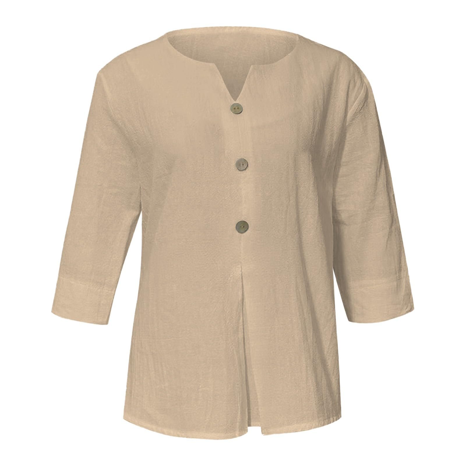 Cotton Linen Tops for Women Dressy Casual 3/4 Sleeve Gauze Shirts Button Down V Neck Blouses Summer Vacation Clothes - Image 50