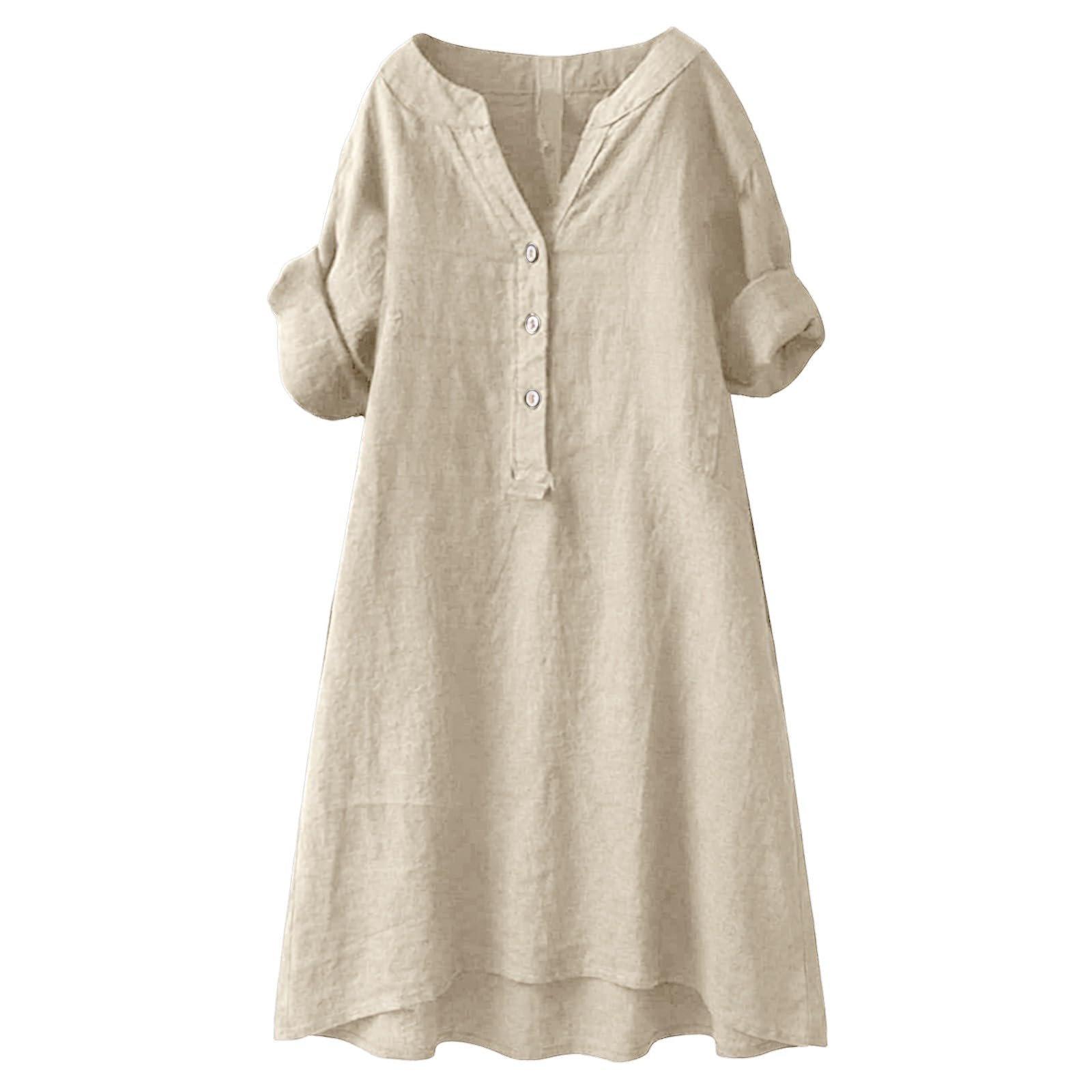 2026 Linen Dresses for Women V Neck Short Sleeve Button Midi Dress Casual A Line T-Shirt Sundresses with Pockets - Image 6