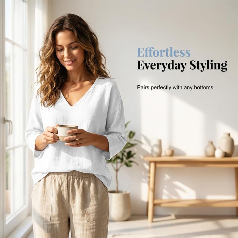 Womens Linen Tops V-Neck Lightweight Gauze Loose Casual Comfortable Spring Summer Tops - Image 12
