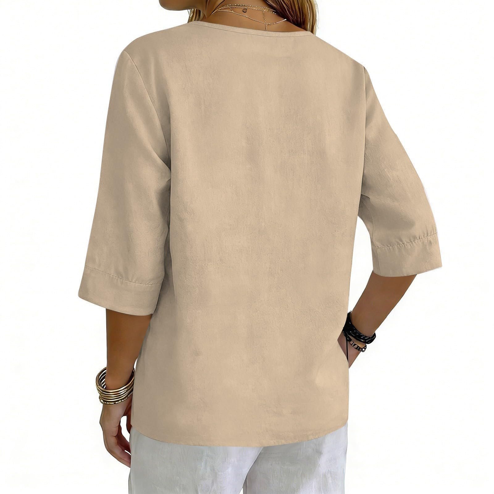Cotton Linen Tops for Women Dressy Casual 3/4 Sleeve Gauze Shirts Button Down V Neck Blouses Summer Vacation Clothes - Image 51