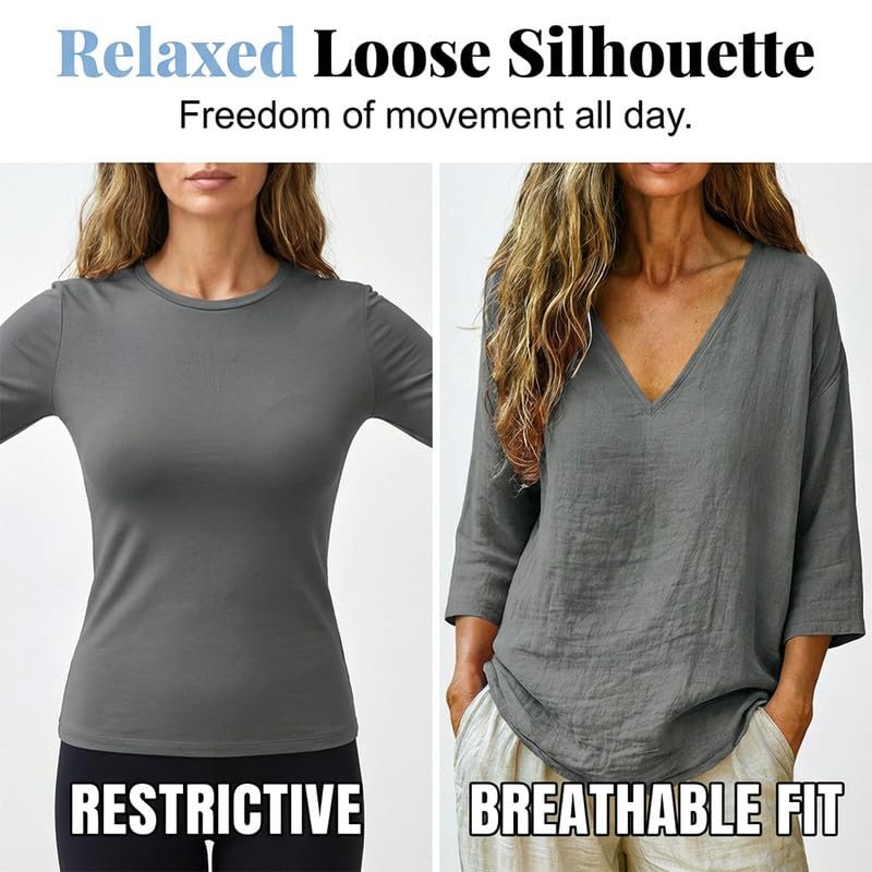 Womens Linen Tops V-Neck Lightweight Gauze Loose Casual Comfortable Spring Summer Tops - Image 11