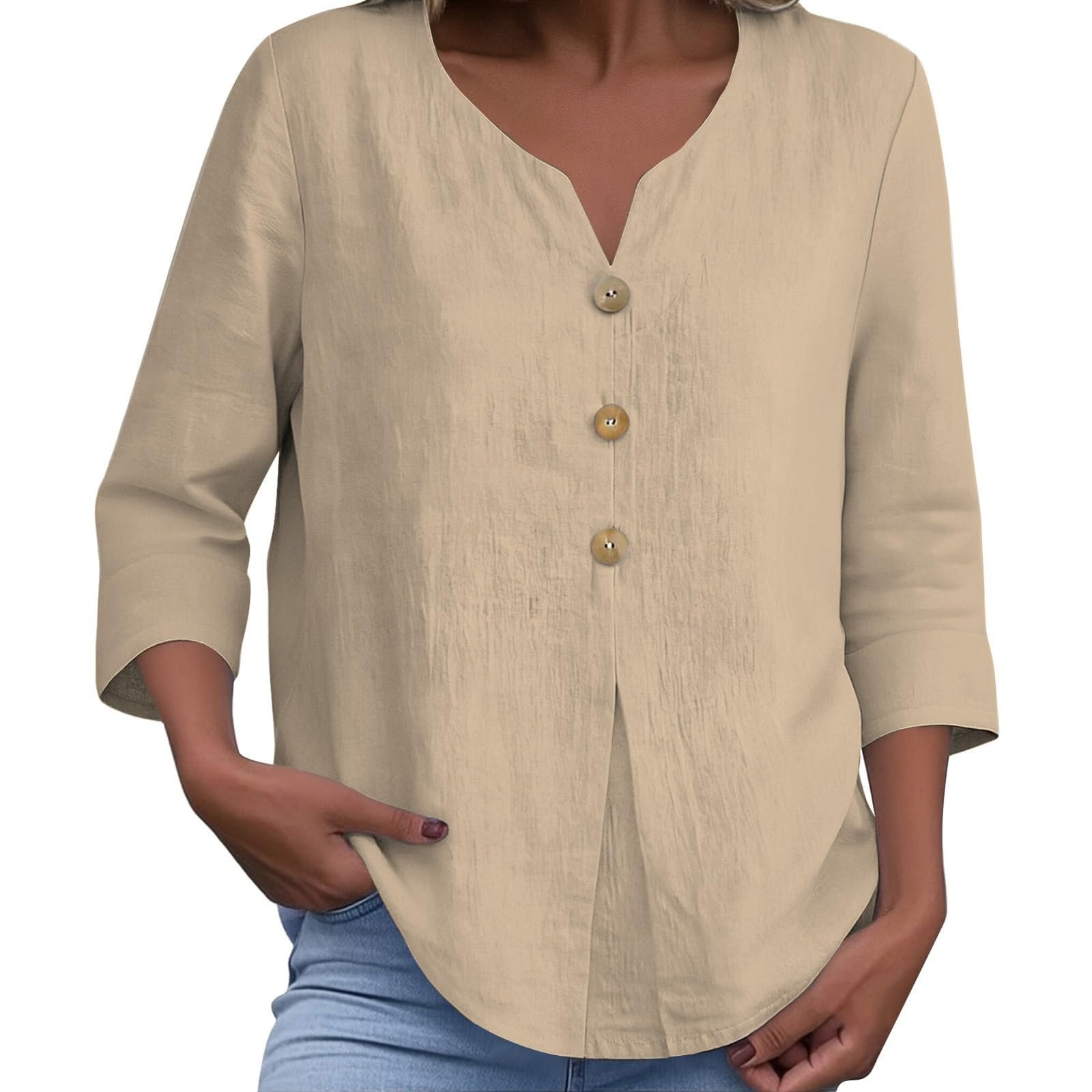 Cotton Linen Tops for Women Dressy Casual 3/4 Sleeve Gauze Shirts Button Down V Neck Blouses Summer Vacation Clothes - Image 52