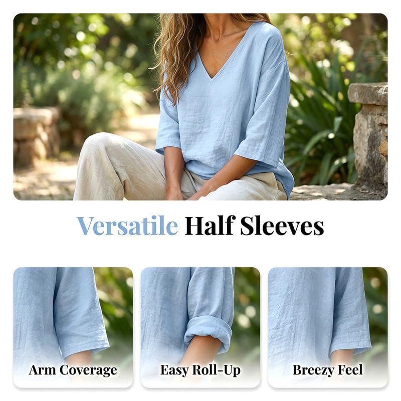 Womens Linen Tops V-Neck Lightweight Gauze Loose Casual Comfortable Spring Summer Tops - Image 13