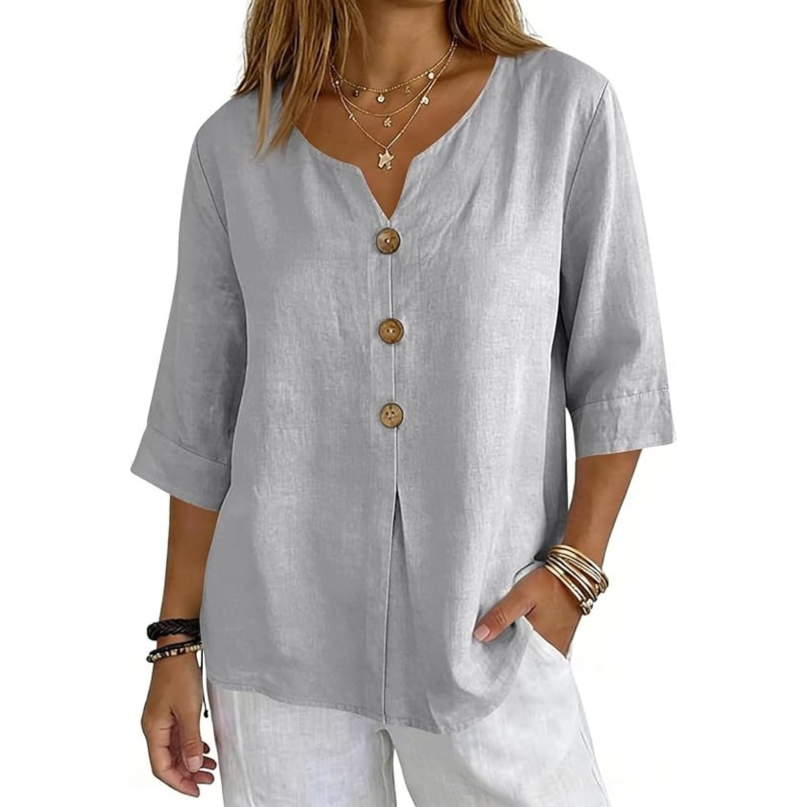 Cotton Linen Tops for Women Dressy Casual 3/4 Sleeve Gauze Shirts Button Down V Neck Blouses Summer Vacation Clothes - Image 58