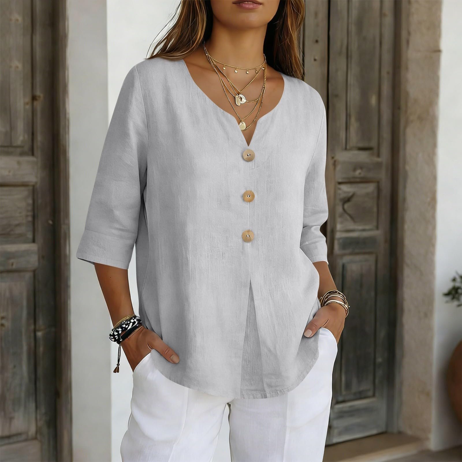Cotton Linen Tops for Women Dressy Casual 3/4 Sleeve Gauze Shirts Button Down V Neck Blouses Summer Vacation Clothes - Image 61