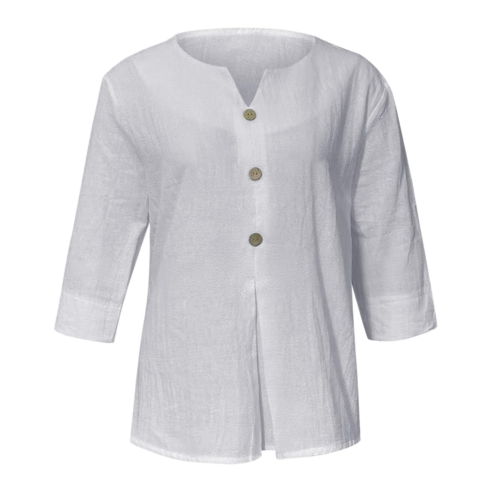 Cotton Linen Tops for Women Dressy Casual 3/4 Sleeve Gauze Shirts Button Down V Neck Blouses Summer Vacation Clothes - Image 59