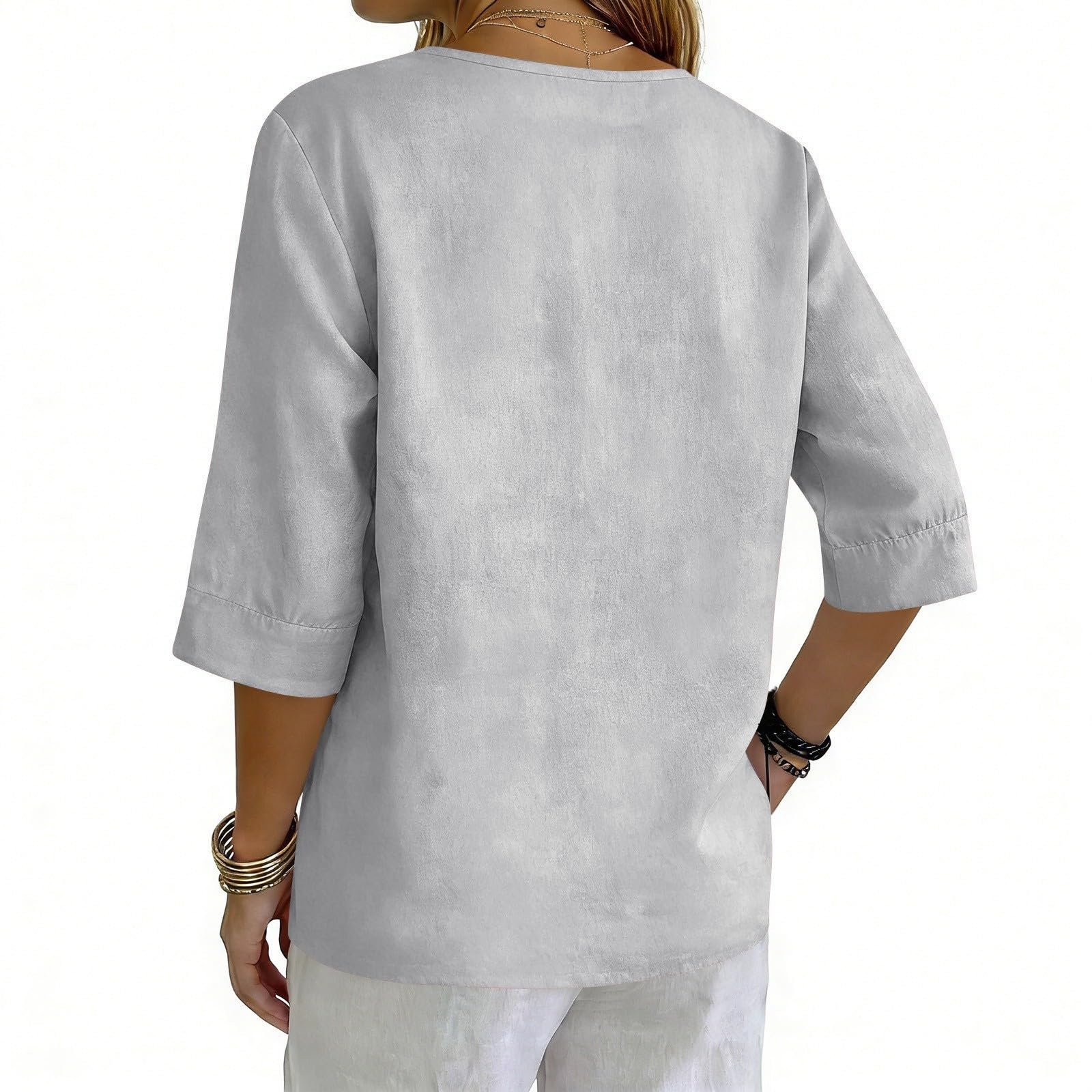 Cotton Linen Tops for Women Dressy Casual 3/4 Sleeve Gauze Shirts Button Down V Neck Blouses Summer Vacation Clothes - Image 60
